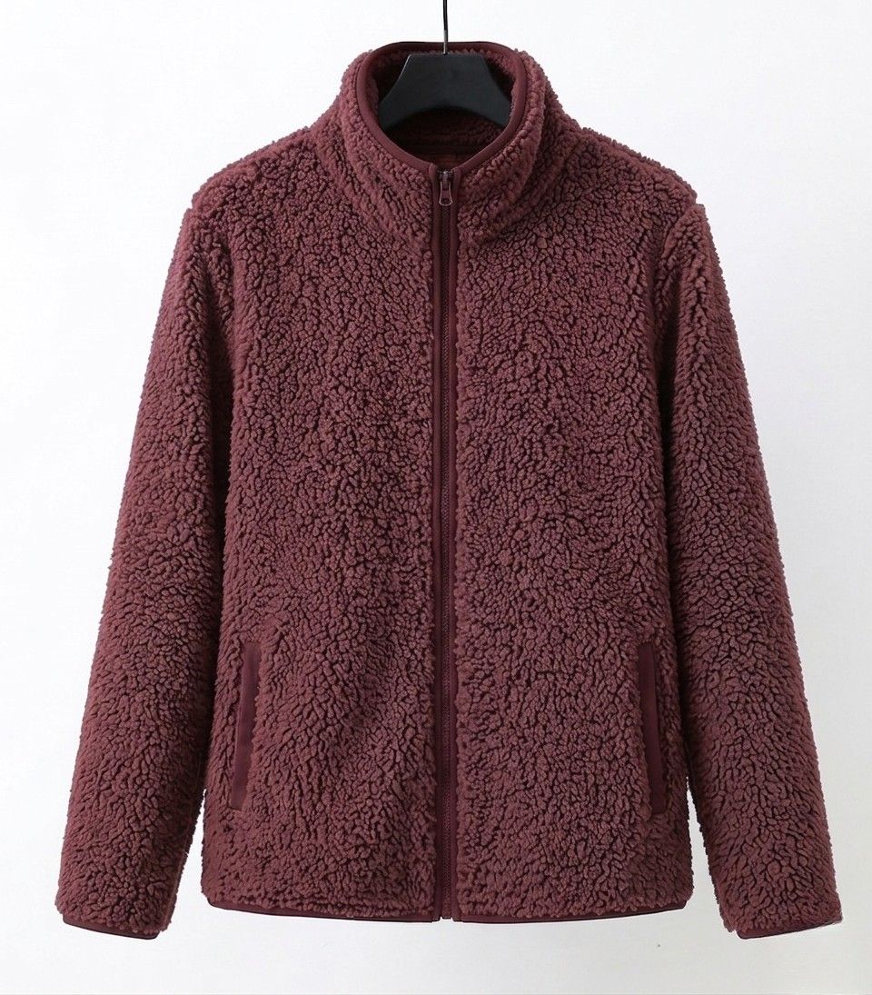 Burgundy teddy fleece zip-up jacket with stand collar and front pockets