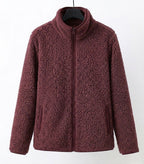 Burgundy teddy fleece zip-up jacket with stand collar and front pockets