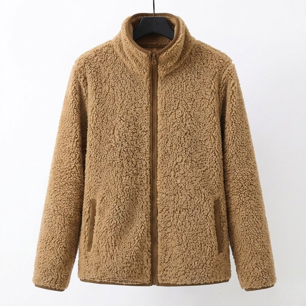 Beige teddy fleece zip-up jacket with stand collar and two front pockets