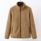 Beige teddy fleece zip-up jacket with stand collar and two front pockets