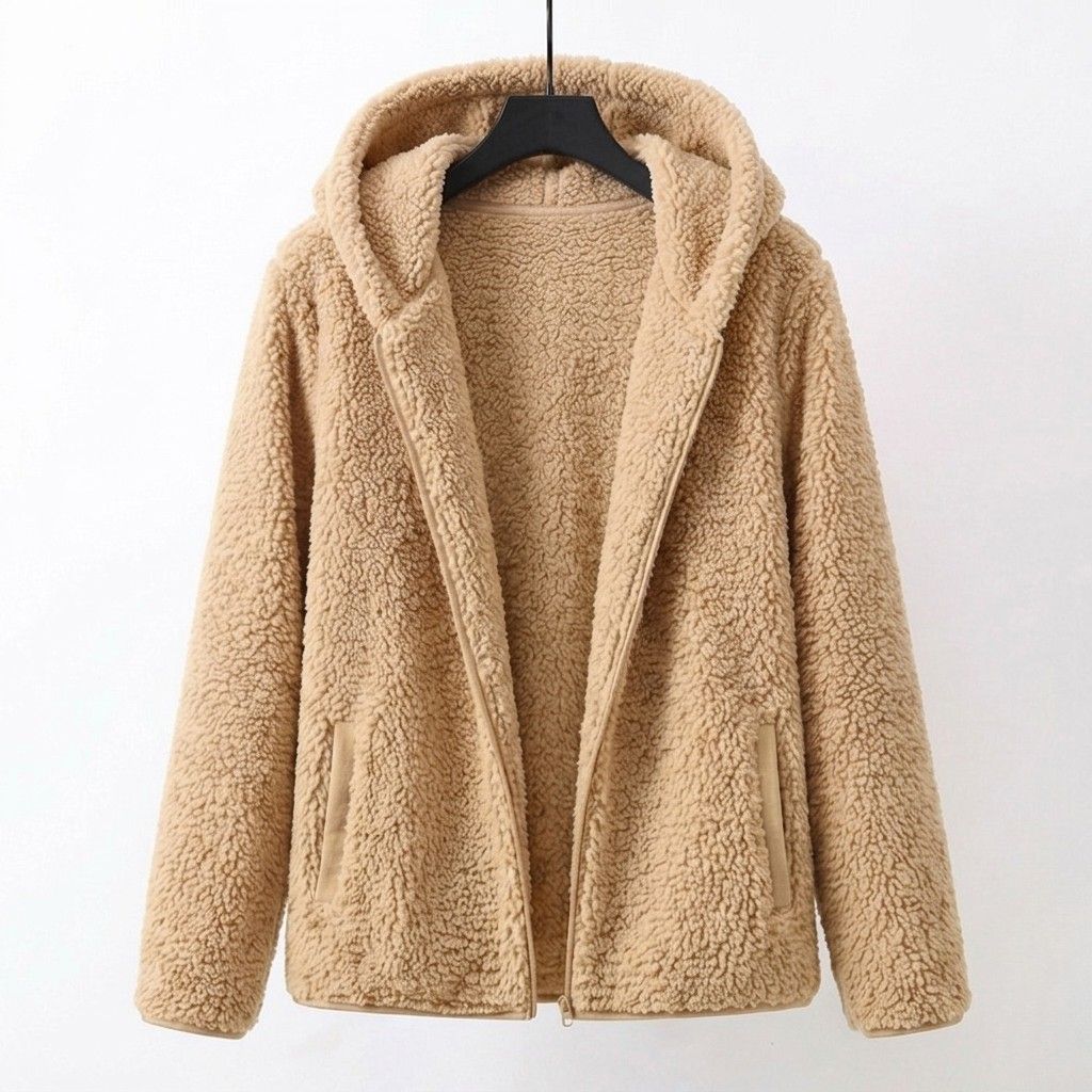 Beige sherpa hooded coat with full front zipper and side pockets