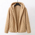 Beige sherpa hooded coat with full front zipper and side pockets