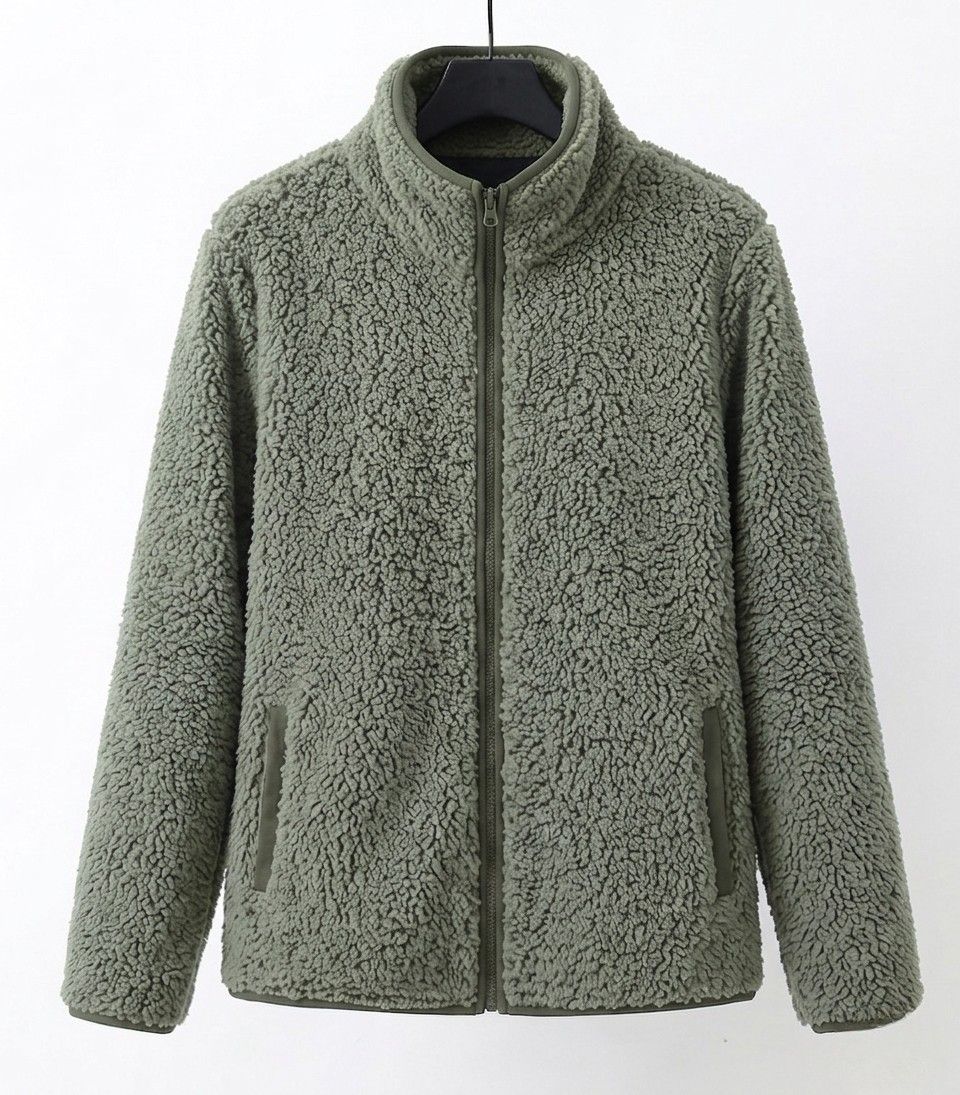 Green teddy fleece zip-up jacket with stand collar and front pockets