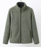 Green teddy fleece zip-up jacket with stand collar and front pockets
