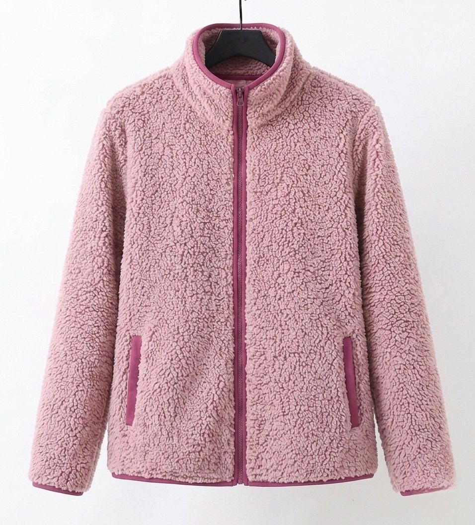 Pink teddy jacket with full-zip front and stand collar, long sleeves.