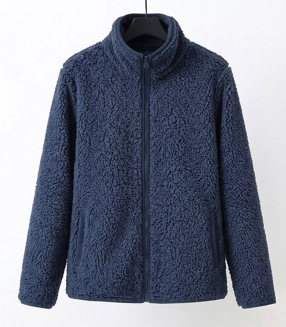 Navy teddy jacket with full-zip front and stand collar, long sleeves.