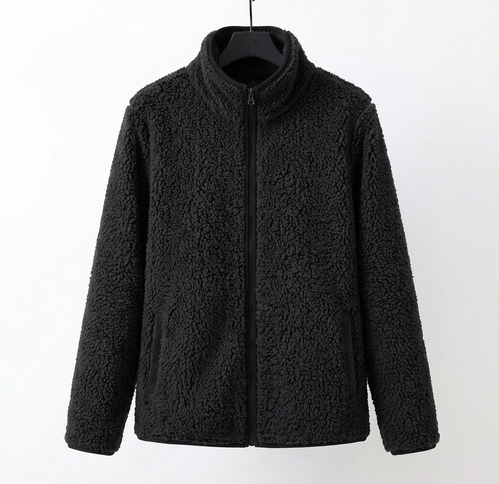 Black teddy jacket with full-zip front and stand collar, long sleeves.