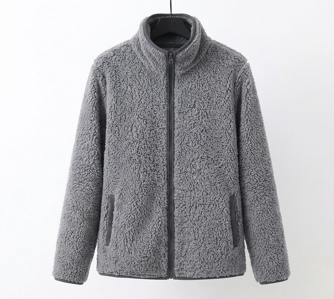 Grey teddy jacket with full front zipper, stand collar, textured fleece