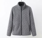 Grey teddy jacket with full front zipper, stand collar, textured fleece