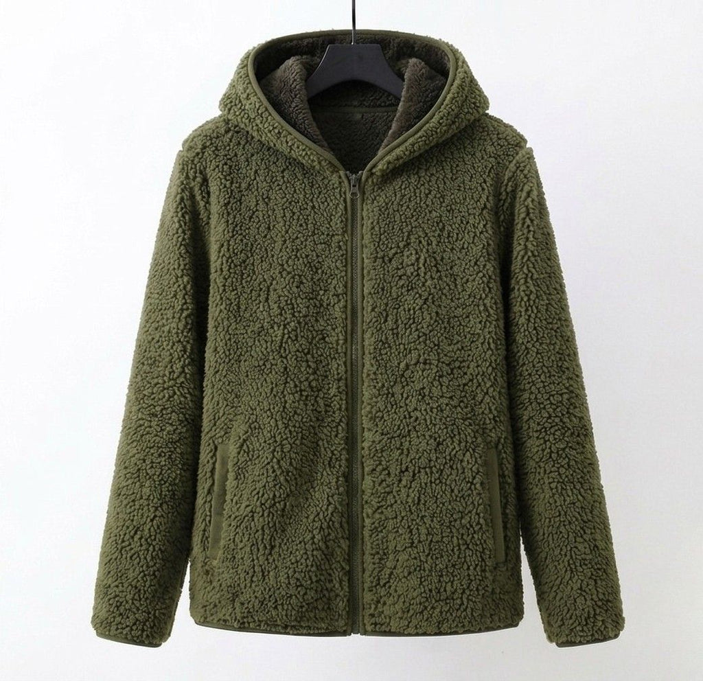 Green sherpa hooded coat with full front zipper and side pockets