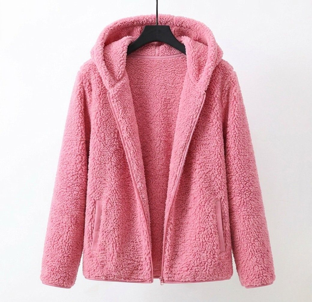 Pink hooded sherpa zip-up coat