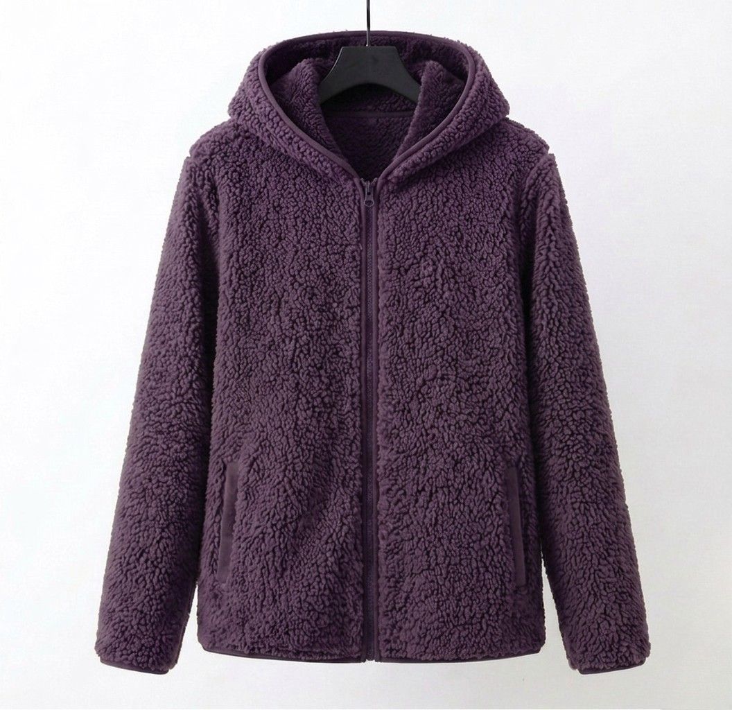 Purple sherpa hooded coat with full front zipper and side pockets