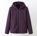 Purple sherpa hooded coat with full front zipper and side pockets