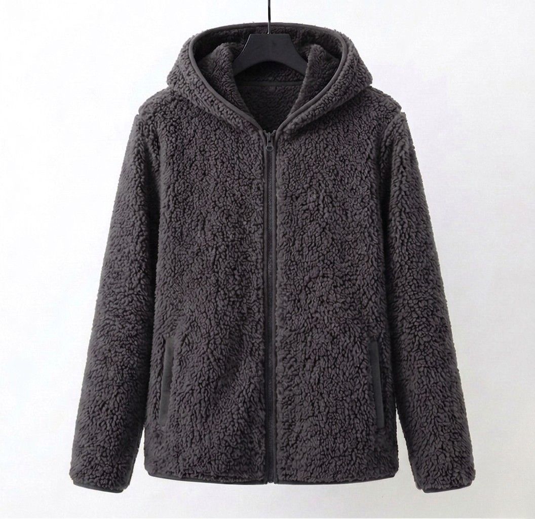 Dark gray hooded sherpa zip-up coat