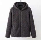 Dark gray hooded sherpa zip-up coat