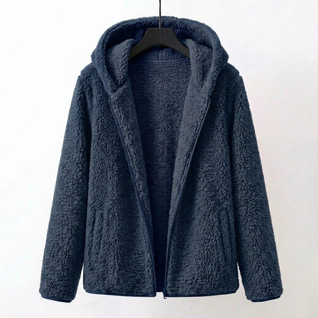 Navy sherpa hooded coat with full front zipper and side pockets