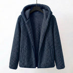 Navy sherpa hooded coat with full front zipper and side pockets