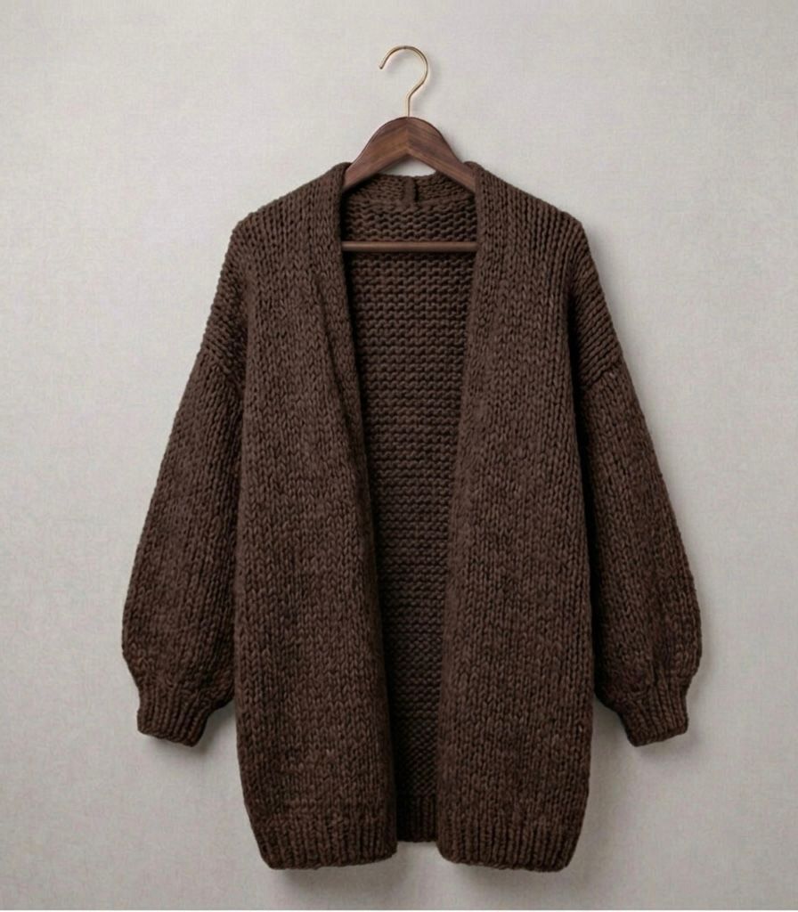 Oversized knit cardigan, dark brown, open front with long sleeves and ribbed hem
