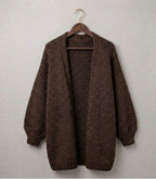 Oversized knit cardigan, dark brown, open front with long sleeves and ribbed hem