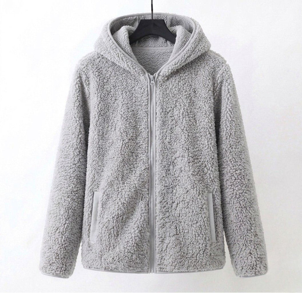 Gray sherpa hooded coat with full front zipper and side pockets