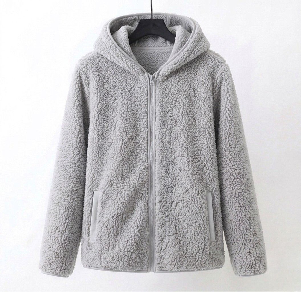 Gray sherpa hooded coat with full front zipper and side pockets