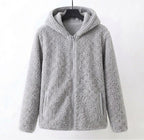 Gray sherpa hooded coat with full front zipper and side pockets