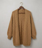 Caramel relaxed knit cardigan with open front and ribbed cuffs