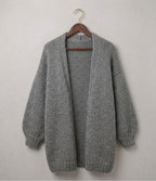 Grey relaxed knit cardigan with open front and ribbed cuffs