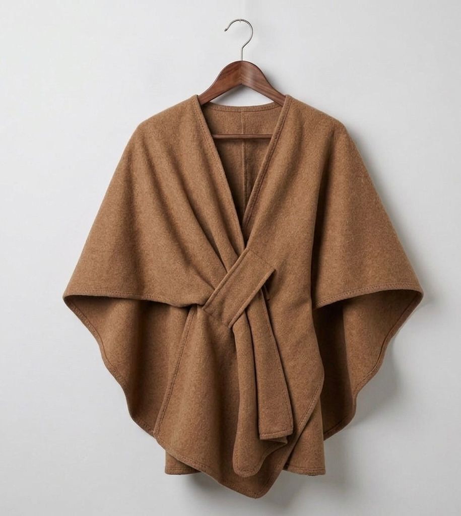 Camel caped fleece shawl with V-neck and waist tie, draped poncho style.