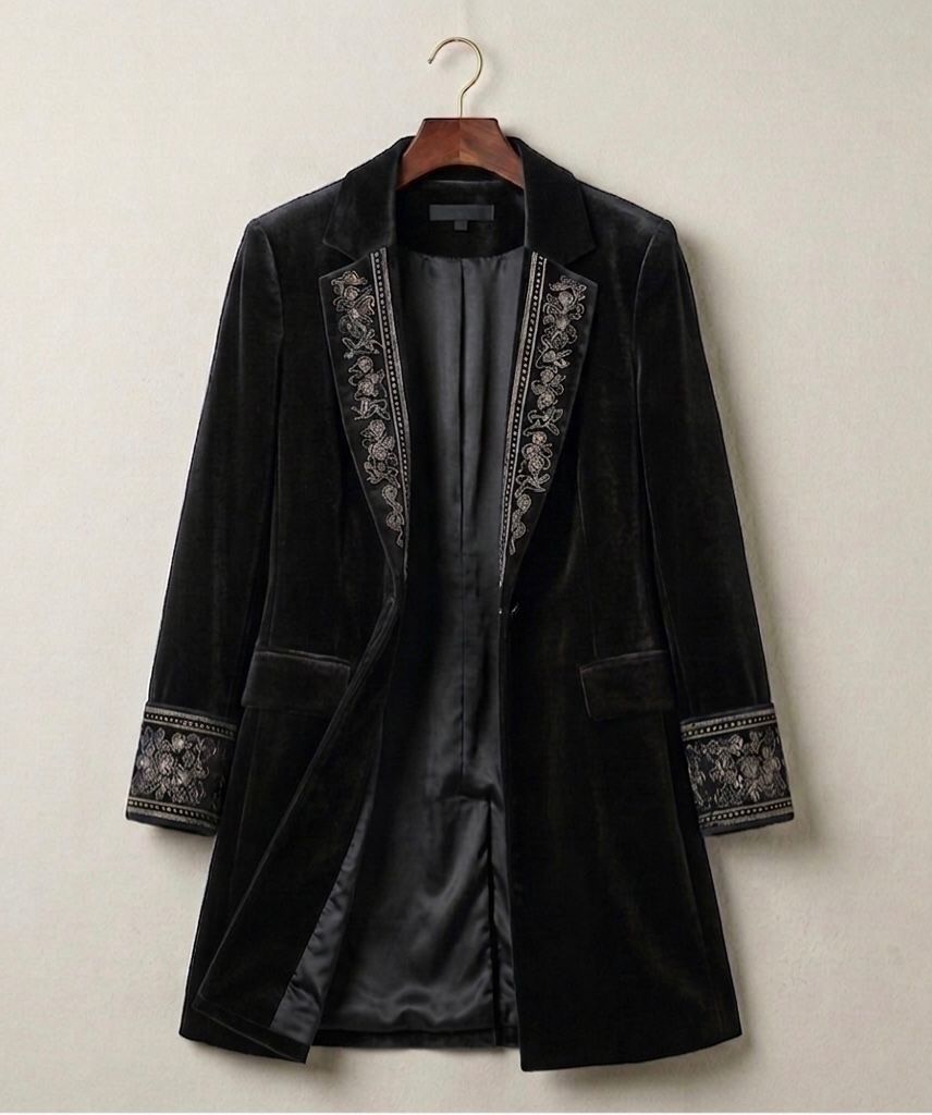 Black velvet blazer with embroidered trim on lapels and cuffs, flap pockets