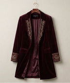 Berry red velvet blazer with embroidered trim, notched lapel and flap pockets