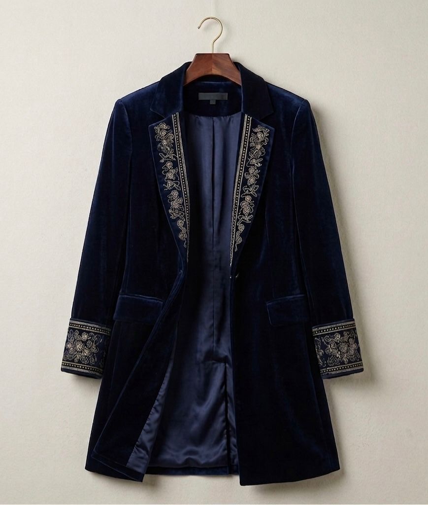 Midnight navy velvet blazer with embroidered trim, notched lapel and flap pockets