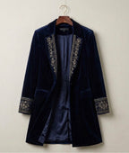 Midnight navy velvet blazer with embroidered trim, notched lapel and flap pockets