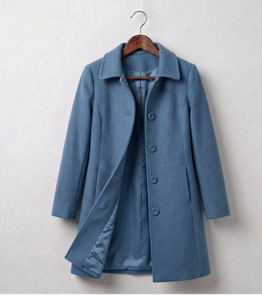 Blue double-breasted coat with notched lapels and button front, long sleeves, lined hem