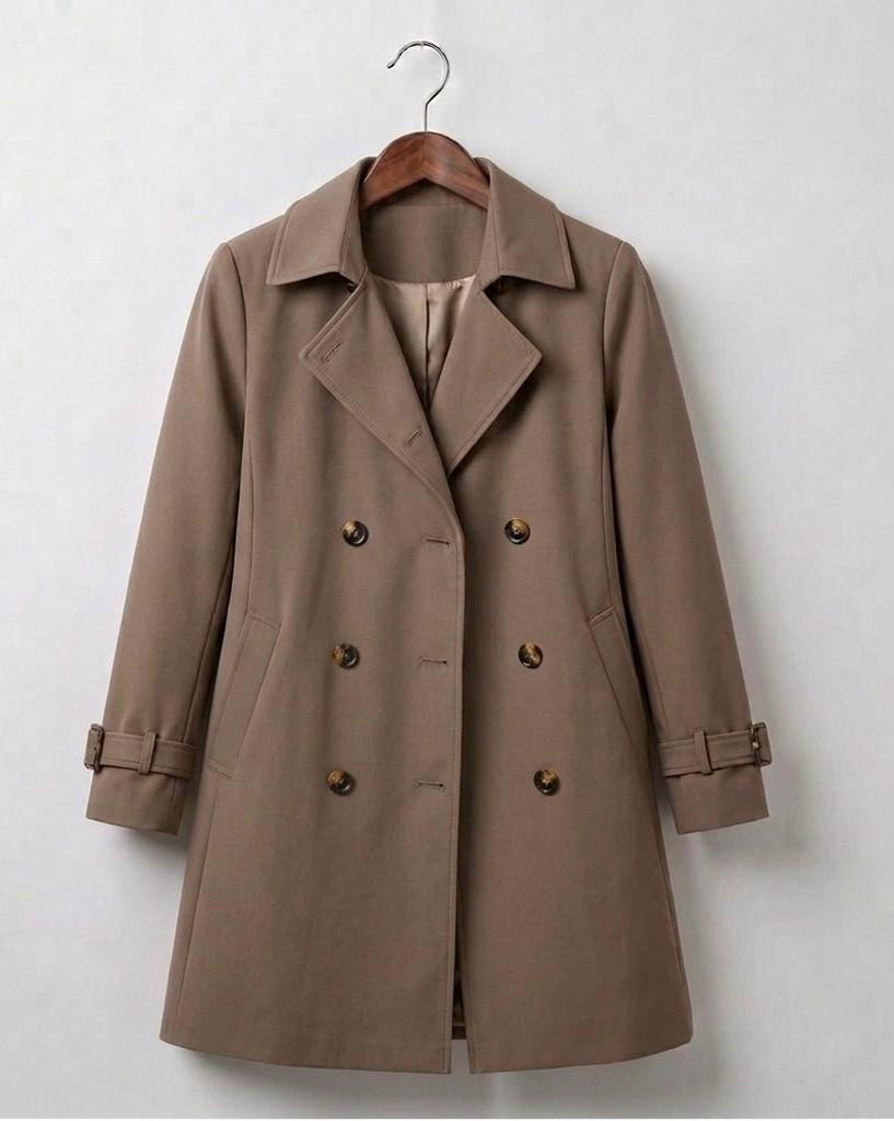 Khaki double-breasted trench coat with wide lapels and belted waist