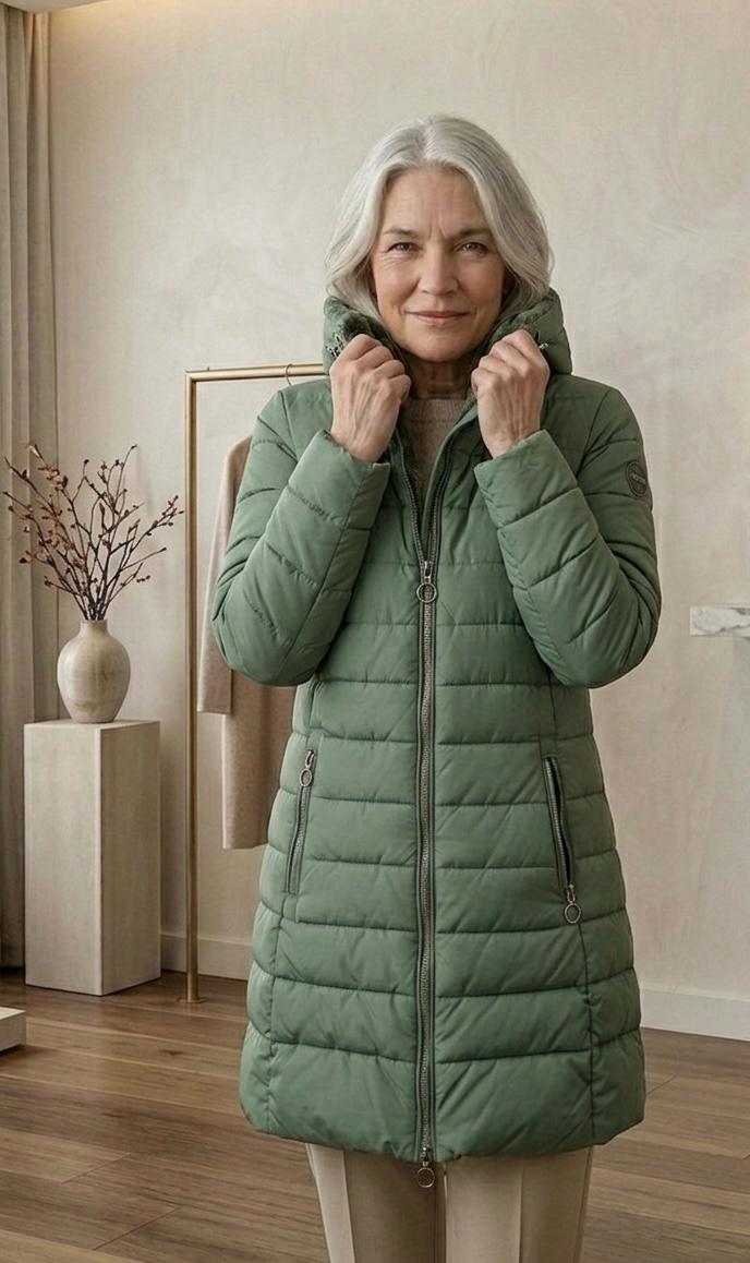 Olivia™ quilted A-line winter coat in light green with hood, zip front, zip pockets.