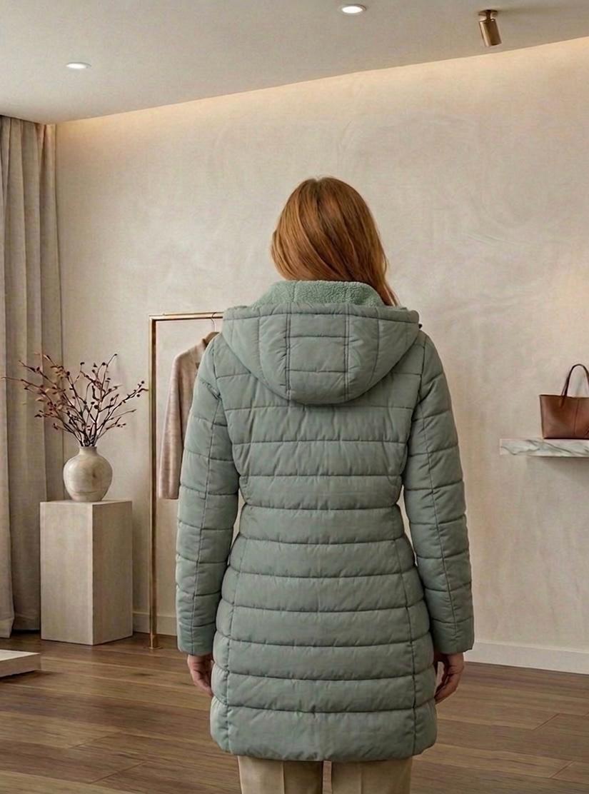 Olivia™ quilted A-line winter coat in light green with hood and back quilted panels.