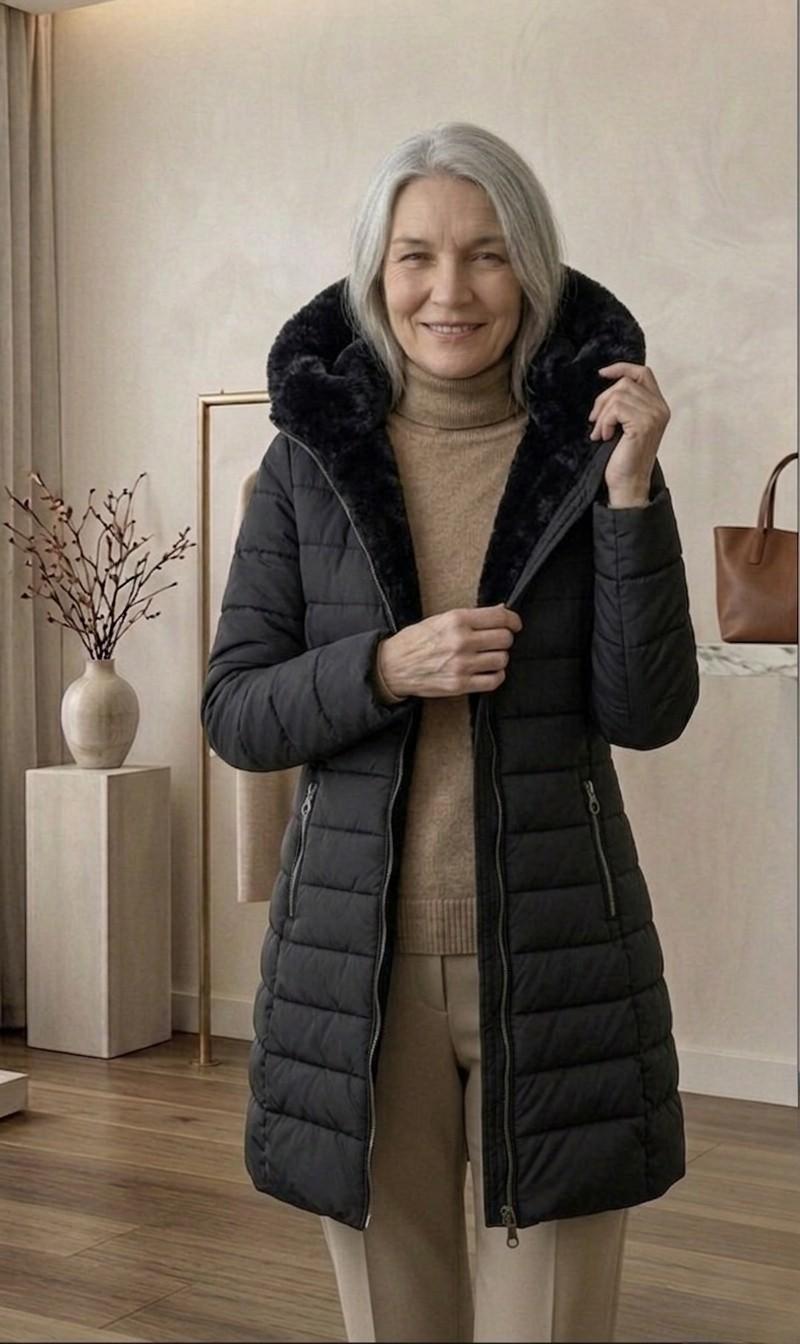 Olivia™ quilted A-line winter coat in black with plush hood lining and zip front.