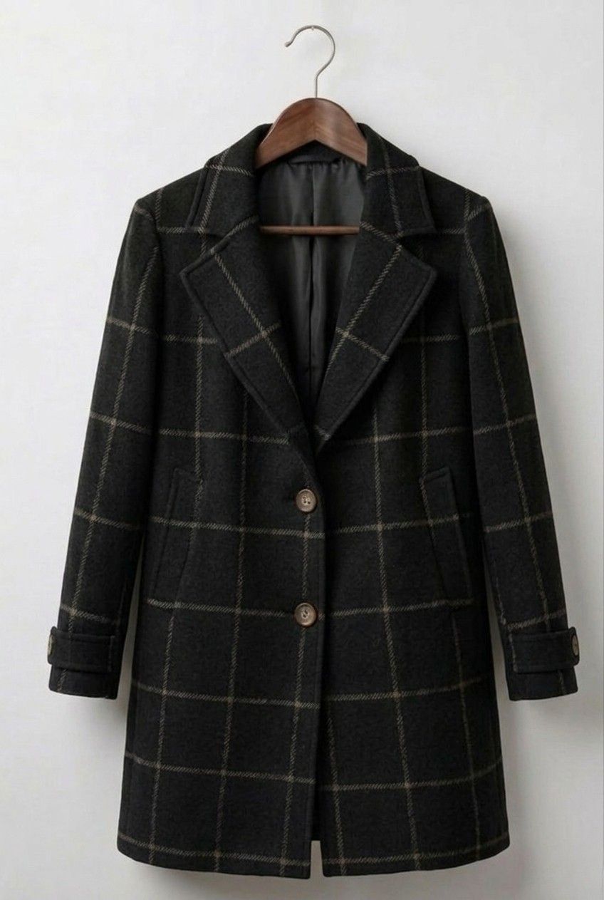 Women’s black plaid tweed coat with notch lapels and button front