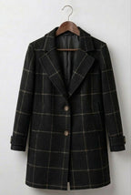 Women’s black plaid tweed coat with notch lapels and button front