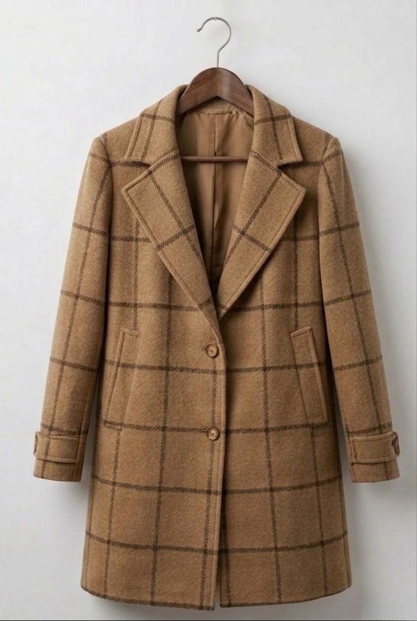 Women’s camel plaid tweed coat with notch lapels and button front