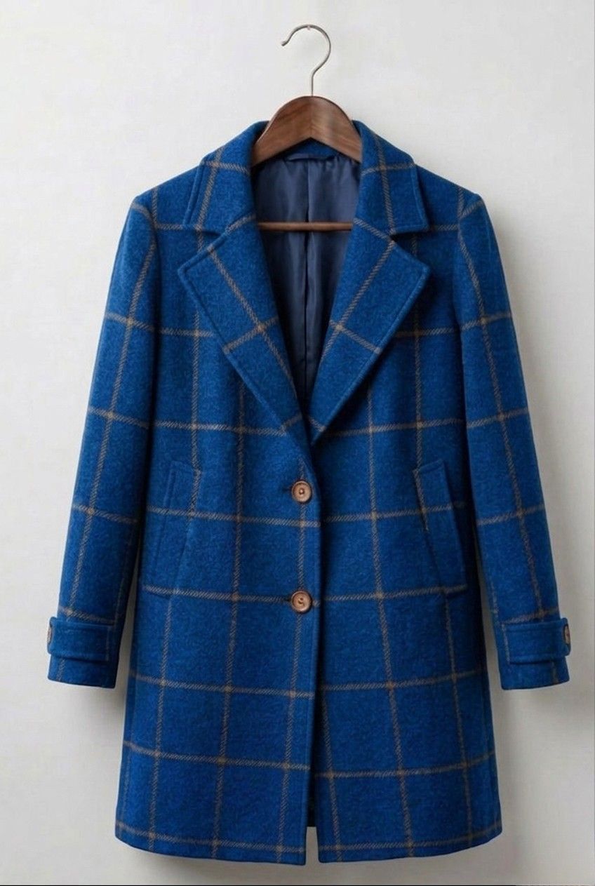 Blue plaid tweed coat with notch lapels, button front, and long sleeves