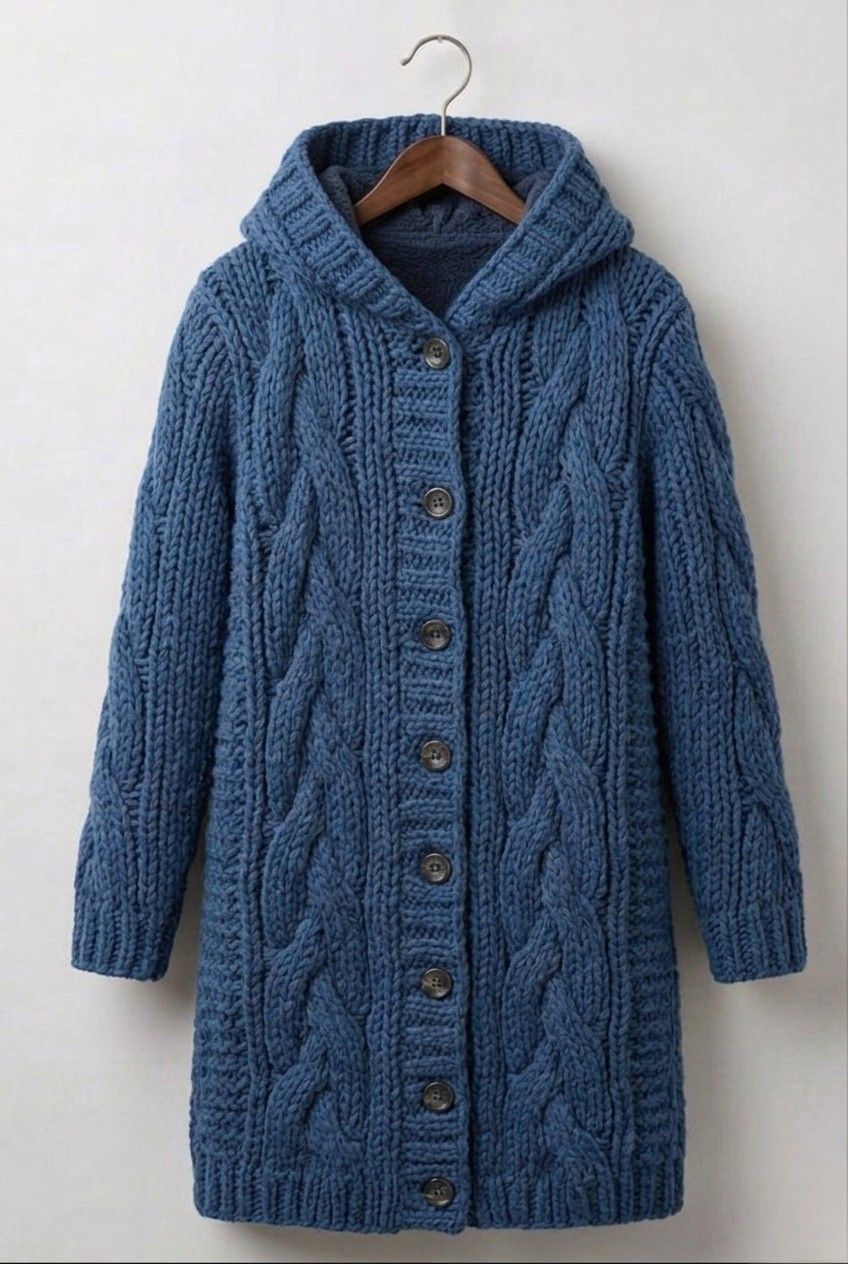 Blue cable-knit hooded cardigan with long sleeves and button front