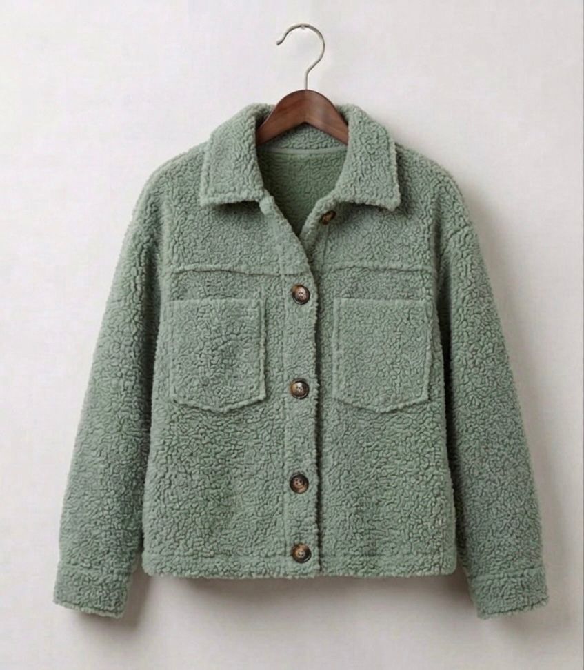 Green teddy jacket with button front, point collar, and two chest pockets