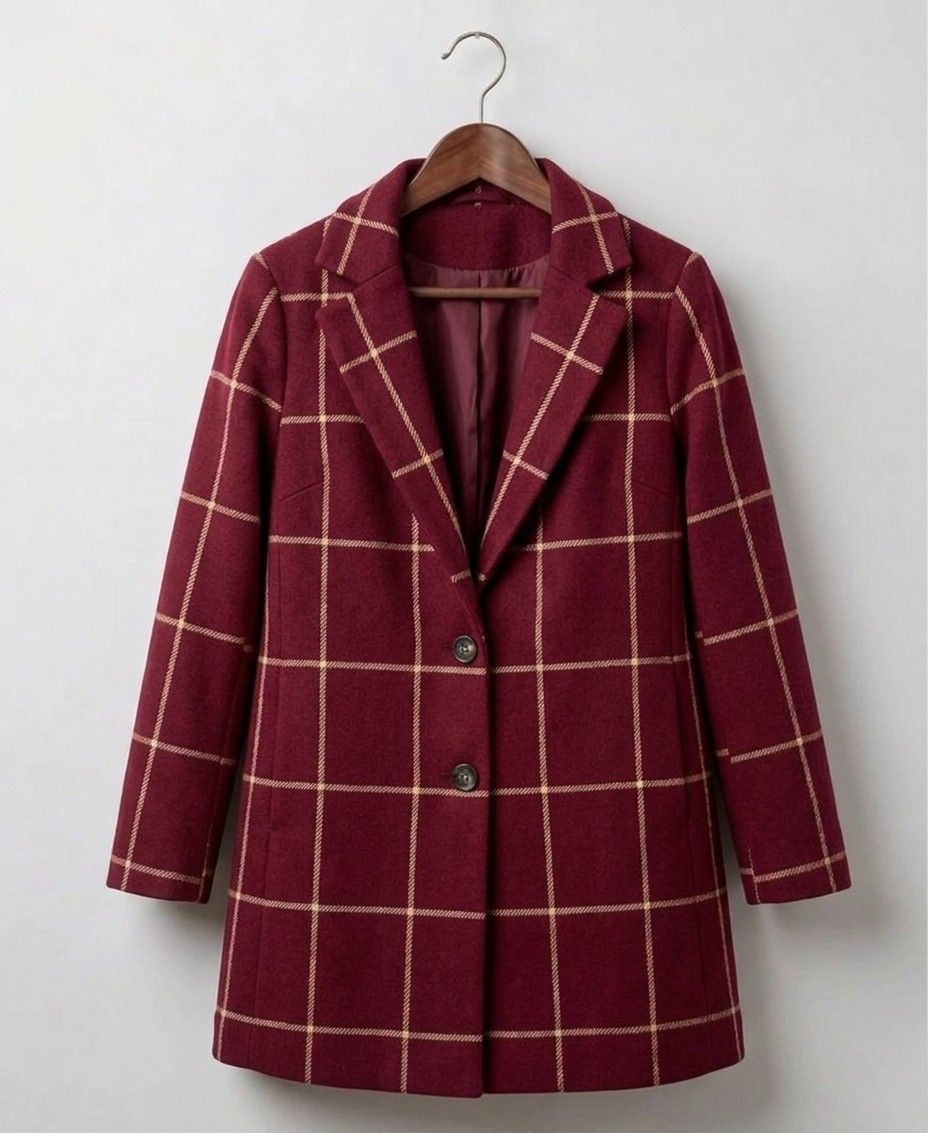 Wine plaid tweed coat with notch lapels, button front, and long sleeves
