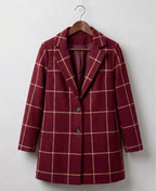 Wine plaid tweed coat with notch lapels, button front, and long sleeves