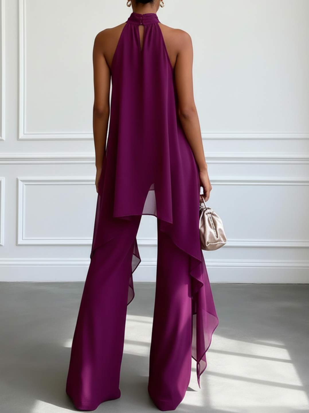 Back view purple halter two-piece set with layered drape top and wide-leg pants