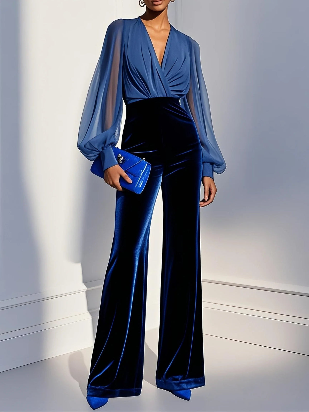 Blue velvet long-sleeve jumpsuit with V-neck and sheer mesh sleeves, front view
