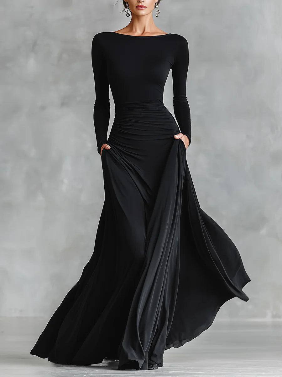 Black pleated boat-neck long dress, ruched waist and flowing drape skirt