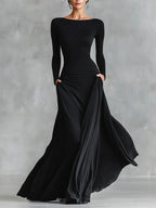 Black pleated boat-neck long dress, ruched waist and flowing drape skirt